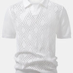 Geometric Crochet V Neck Polo Shirt & Straight Leg Linen Pants