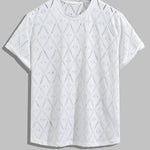 Men's knitted hollow jacquard casual round neck T-shirt