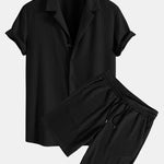 Muscle Fit Ribbed Deep Cuban Shirt & Drawstring Ribbed Shorts