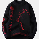 Japanese Cat Print Crew Neck Sweater