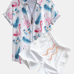 Flamingo Leaf Print Button Up Shirt & Swim Shorts