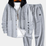 Contrast Waffle Hooded Shirt & Drawstring Waffle Jogger Pants