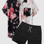 Men's Hawaiian Floral Patchwork Short Sleeve Shirt Swimming Shorts Set