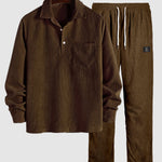 Men's Textured Half Button Corduroy Long Sleeve Shirt and Casual Pants Set