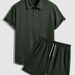 Men's  retro textured lapel polo shirt casual shorts set