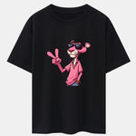 Pink Panther With V Sign Print Drop Shoulder Oversize T-Shirt