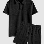 Geometric Retro Jacquard Polo + Casual Shorts 2-piece set-BLACK