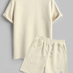 Geometric jacquard round neck T-shirt + shorts 2-piece set-Beige