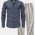Long Sleeve Plaid Button Up Shirt & Elastic Waist Straight Leg Trousers
