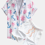 Coral Anchor Print Button Up Shirt & Swim Shorts