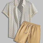 Men's sexy hollow lapel short-sleeved shirt casual shorts set