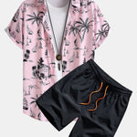 Palm Tree Sailboat Print Button Up Shirt & Swim Shorts