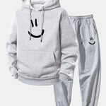 Smiley Face Print Drawstring Hoodie & Smiley Face Print Jogger Pants