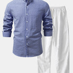 Seersucker Striped Stand Collar Shirt & Straight Leg Linen Pants