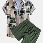Palm Tree Color Block Print Button Up Shirt & Swim Shorts