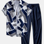 Color Block Geometry Print Button Up Shirt & Wrinkle Textured Straight Leg Pants