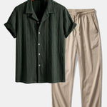 Knitted Geometric Rhombus Jacquard Cuban Shirt & Crinkle Textured Straight Leg Pants