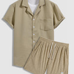 Men's Textured Waffle Cuban Collar Shirt Corduroy Casual Shorts Set