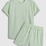 Men's striped textured round neck T-shirt Casual shorts set
