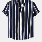 Men's Cotton Linen Stripe Short Sleeve Shirt