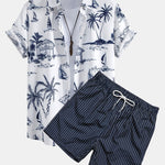 Island Sailing Print Button Up Shirt & Striped Print Swim Shorts