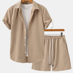 Rhombus Geometry Jacquard Button Up Shirt & Drawstring Shorts