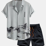 Ink Mountain And River Shirt & Man Mid Length Drawstring Swim Shorts