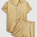 Men's Satin Cuban Collar Solid Color Shirt Casual Shorts Set