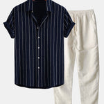 Stripe Textured Button Up Shirt & Straight Leg Linen Pants