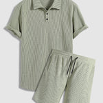 Men's solid color textured fabric casual POLO shorts set