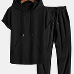 Kangaroo Pocket Ribbed Hooded T-Shirt & Straight Leg Ribbed Pants