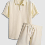 Men's geometric jacquard lapel short sleeve polo shorts set
