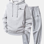 Men Print Drawstring Hoodie & Jogger Pants