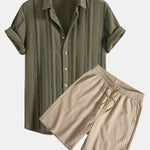 Geometric Striped Jacquard Button Up Shirt & Crinkled Textured Drawstring Shorts