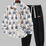 Men's Classic Plaid Fluffy Faux Fur Lapel Jacket Corduroy Casual Pants Set