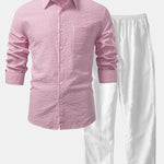 Seersucker Striped Button Up Shirt & Straight Leg Linen Pants