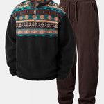 Relax Fit Quarter Zip Ethnic Geometric Patchwork Teddy Sweatshirt & Corduroy Jogger Pants