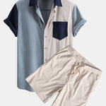 Short Sleeve Corduroy Patchwork Shirt & Corduroy Drawstring Shorts