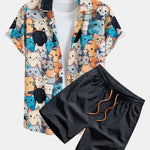 Cartoon Cat Print Button Up Shirt & Drawstring Swim Shorts