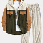 Relax Fit Corduroy Patchwork Hooded Shirt With Pockets & Straight Leg Corduroy Pants
