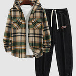 Men's Plaid Hooded Wool Blend Lapel Shirt Jacket Corduroy Casual Pants