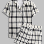 Men's Plaid Pleated Brushed Cuban Collar Short Sleeve Shirt Casual Shorts Set
