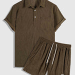 Men's Corduroy Half Button Short Sleeve Shirt Casual Shorts Set