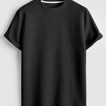 Geometric jacquard round  neck short sleeved T-shirt-Black