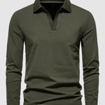 Men's Retro Solid Color V-Neck Lapel POLO Long Sleeve T-Shirt
