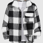 Men's Classic Plaid  Fluffy Faux Fur Single Pocket Button Lapel Jacket
