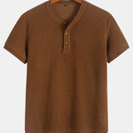 Henley Neck Textured Ribbed Hem T-Shirt