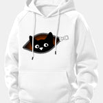 Zipper Black Cat Print Drawstring Hoodie