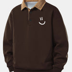 Relax Fit Smiley Face Print Contrast Corduroy Polo Collar Sweatshirt