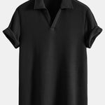 Short Sleeved Waffle V-neck Polo & Drawstring Knitted Waffle Shorts